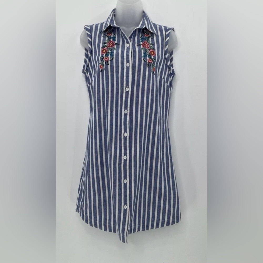 Beach Lunch Lounge Striped Blue White Sleeveless Shirt Dress Floral Embroidery